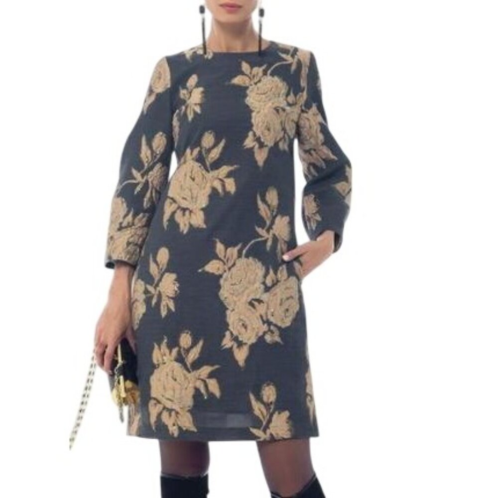 Irene Klarie Floral Embroidered Shift Dress Size UK42 US 8 M Gray Jacquard Gold - Picture 2 of 15